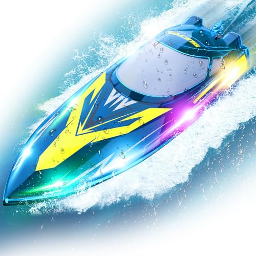 Aragallant Ferngesteuertes Boot, RC Rennboot mit LED-Licht - 150M/493FT, 30+ KM/H Hochgeschwindigkeit, 2,4 GHz Fernsteuerung, Nie-Kentern, RC Speedboot mit 2 Akkus für Pool/Seen von Aragallant