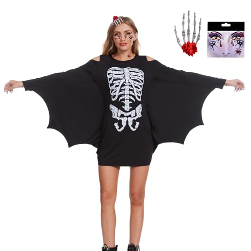 Aragallant Fledermaus Kostüm Damen für Halloween, Skelettkleid Mit Haarspange und Gesichtsaufkleber für Erwachsene (Schwarz-Skelett) von Aragallant