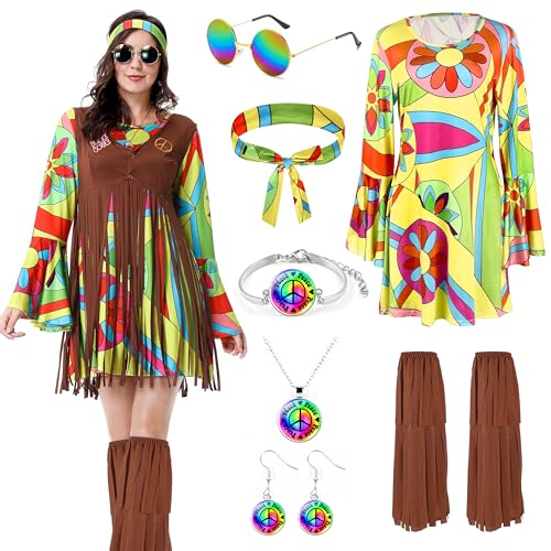 Aragallant Hippie Kostüm Damen, Hippie Kleidung Damen, 70er Jahre Outfit Damen Hippie, Zeitreise Kostüm Damen, Hippie Kleid Kostüm mit Fransen Weste Braun für Karneval Motto Partys (Bunte, M) von Aragallant