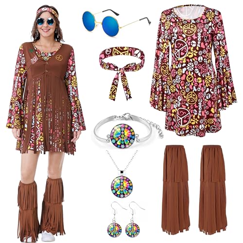 Aragallant Hippie Kostüm Damen, Hippie Kleidung Damen, 70er Jahre Outfit Damen Hippie, Zeitreise Kostüm Damen, Hippie Kleid Kostüm mit Fransen Weste Braun für Karneval Motto Partys (Dunkelrot, XL) Aragallant Hippie Kostüm Damen, Hippie Kleidung Damen, 70er Jahre Outfit Damen Hippie, Zeitreise Kostüm Damen, Hippie Kleid Kostüm mit Fransen Weste Braun für Karneval Motto Partys (Dunkelrot, XL) von Aragallant