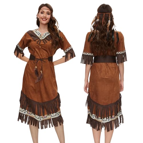 Aragallant Indianer Kostüm Damen, Kostüm Indianerin Karneval, Kostüm Damen mit Fransen und Bunten Mustern, Indianer Costume Set für Erwachsene Karneval Mottoparty Cosplay (Damen, M) von Aragallant