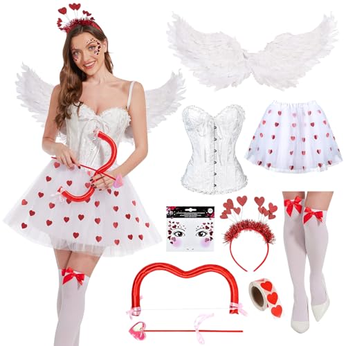 Aragallant Karneval Amor Kostüme Set, Valentinstag Herz Stirnband Pailletten, Cupid Engelsflügel, Herzchen Tüllrock, Gott der Romantik für Erwachsener, Fasching, Valentinstag (M) von Aragallant