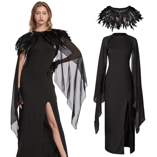 Aragallant Maleficent Kleid, Halloween Böse Königin Kostüm mit Hörner Kopfschmuck und Federkragen für Damen, Karneval Cosplay (L) von Aragallant