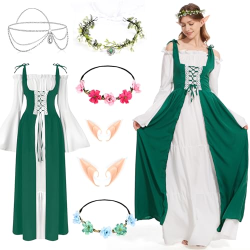 Aragallant Mittelalter Kostüm Damen, Renaissance Kostüm Kleid mit Trompetenärmel, Faschingskostüme mit Kopf Kette Blumenkranz Elfenohren für Party Cosplay (Grün, XXL) von Aragallant