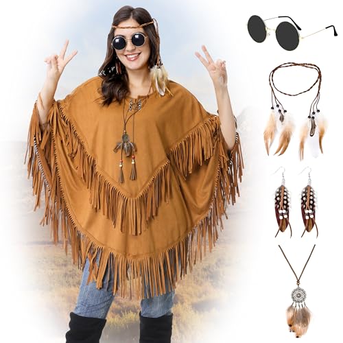 Aragallant Poncho Indianerin, Brauner Unisex Fransen-Poncho Wildleder-Optik, Extravaganter Indianer Poncho mit Fransen und Perlen, Kostüm Poncho für Erwachsene Karneval Fasching Party Cosplay Aragallant Poncho Indianerin, Brauner Unisex Fransen-Poncho Wildleder-Optik, Extravaganter Indianer Poncho mit Fransen und Perlen, Kostüm Poncho für Erwachsene Karneval Fasching Party Cosplay von Aragallant