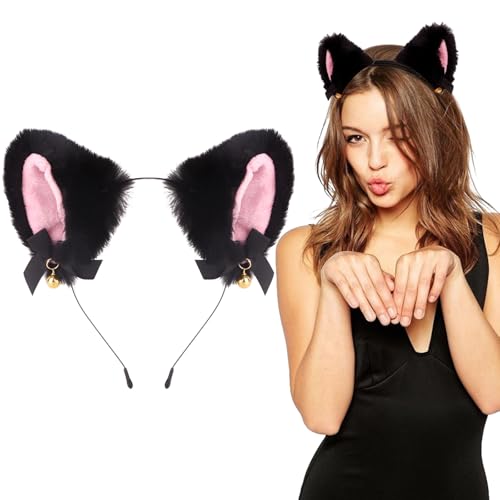 Araluky Schwarze Katzenohren Stirnband Erwachsene Ohren Stirnband mit Glocken, Halloween Kopfbedeckung für Catwoman von Araluky