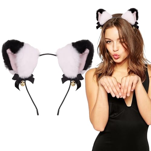Araluky Weiß Schwarz Katzenohren Stirnband Erwachsene Ohren Stirnband mit Glocken Halloween Kopfschmuck für Catwoman von Araluky