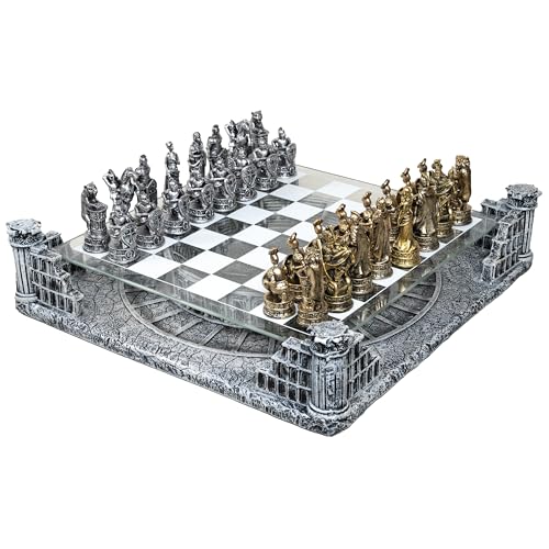 Antikes Schachbrett Rom, Römisches Reich mit Kolosseum, Glasplatte, 40 x 40 cm, Basis aus Keramik und Steinen, aus Kunstharz Gold und Silber, hochwertig, elegantes und raffiniertes Dekor - von Arcadia