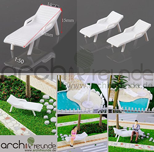 Archifreunde 2 x Modell Liegestühle, Strandstühle, für Modellbau und Modelleisenbahn, 1:50/75/87 Spur 0/00/H0, weiß, Miniatur Modell Minigarten (1:75/87) von Archifreunde