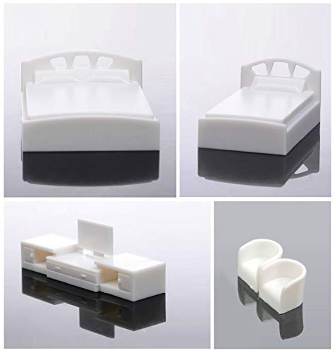 Archifreunde 5er Set Modell Schlafzimmer Möbel 1:50/75/87, Spur 0/00/H0, Doppelbett + Einzelbett + TV + 2 Sessel (1:75/87) von Archifreunde