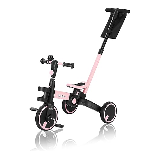 FableKids Dreirad 7in1 Kinderdreirad Laufrad Kinder Lenkstange Fahrrad Baby Kinderwagen | Elternlenkung |Klappbar | Becherhalter | ab 18 Monaten | Klingel | Pink von Arebos