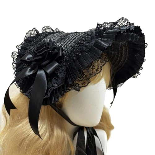 Arecobticy Dark Series Punk Strohhut für Rollenspiele Event Bowknot Blumenhut mit verstellbarer Krawatte Halloween Event Kopfbedeckung Spitze für Frauen von Arecobticy