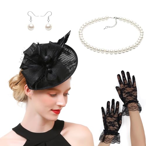 Derby-Hut, Stirnbänder mit Halskette, Ohrringen, Handschuhen für Damen, formelles und lässiges Outfit, Maskeraden, Accessoire, Kopfbedeckung für Damen von Arecobticy