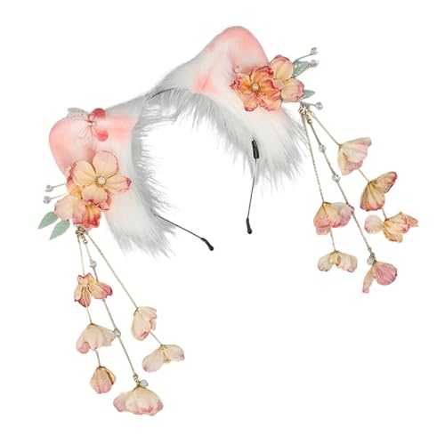 Verstellbares Plüsch-Ohr-Stirnband mit floralen Quasten für Cosplay, Anime-Partys, Damen, Mädchen, Halloween-Kostüm-Zubehör, Plüsch-Katzenohr-Haarreif von Arecobticy