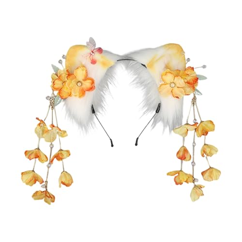 Verstellbares Plüsch-Ohr-Stirnband mit floralen Quasten für Cosplay, Anime-Partys, Damen, Mädchen, Halloween-Kostüm-Zubehör, Plüsch-Katzenohr-Haarreif von Arecobticy