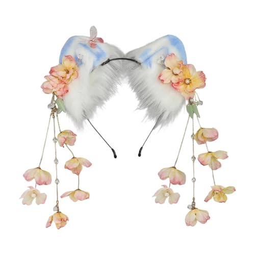 Verstellbares Plüsch-Ohr-Stirnband mit floralen Quasten für Cosplay, Anime-Partys, Damen, Mädchen, Halloween-Kostüm-Zubehör, Plüsch-Katzenohr-Haarreif von Arecobticy