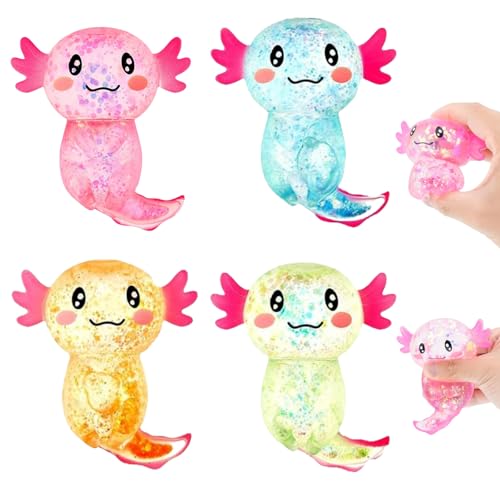 Areiknim 4 Stück Axolotl Squishy, Glitzernde Axolotl Spielzeug für Kinder & Erwachsene, Entspannungs Squeeze Toy für Party, Geburtstag und Geschenkideen von Areiknim