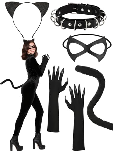 Catwoman-Kostüm, 5-teiliges Katzenfrau-Zubehör mit schwarzer Katzenmaske, Handschuhen, Halskette, Katzenohren, Stirnband und Schwanz, Outfit-Set für Damen, Halloween, Cosplay Catwoman-Kostüm, 5-teiliges Katzenfrau-Zubehör mit schwarzer Katzenmaske, Handschuhen, Halskette, Katzenohren, Stirnband und Schwanz, Outfit-Set für Damen, Halloween, Cosplay von Aretas