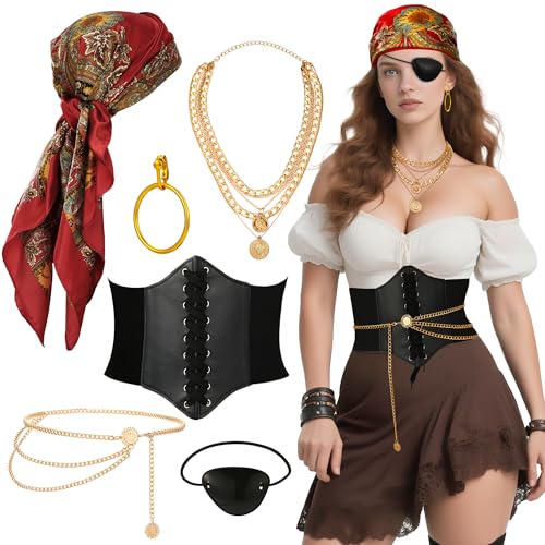 Piraten-Zubehör-Kostüm-Set für Damen, Piraten-Kopftuch, Halskette, Ohrringe, Korsettgürtel, Taillenkette, Augenklappe, Halloween, Rot Piraten-Zubehör-Kostüm-Set für Damen, Piraten-Kopftuch, Halskette, Ohrringe, Korsettgürtel, Taillenkette, Augenklappe, Halloween, Rot von Aretas