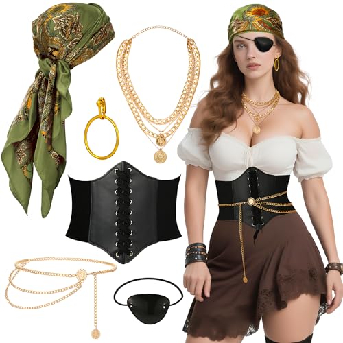 Piraten-Zubehör-Kostüm-Set für Damen, Piraten-Kopftuch, Halskette, Ohrringe, Korsettgürtel, Taillenkette, Augenklappe, Rot Piraten-Zubehör-Kostüm-Set für Damen, Piraten-Kopftuch, Halskette, Ohrringe, Korsettgürtel, Taillenkette, Augenklappe, Rot von Aretas