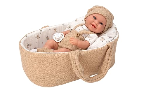 ARIAS BABYTO Elegance Babypuppe mit Vinylkörper, 33 cm, Kleid in Braun- und Weißtönen und passender Babywanne, inklusive Schnuller-Zubehör und Tragetasche, Spielzeug für Kinder aller Altersgruppen von Arias