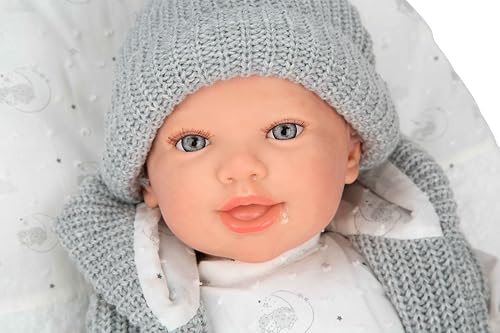 ARIAS -Reborn 45 cm Daniela Realistisches Baby mit grauer und weißer Kleidung, inklusive Kissen, Schnuller, Windel, Familienbuch und Echtheitszertifikat, Spielzeug für Kinder ab 3 Jahren (ARI98195) von Arias