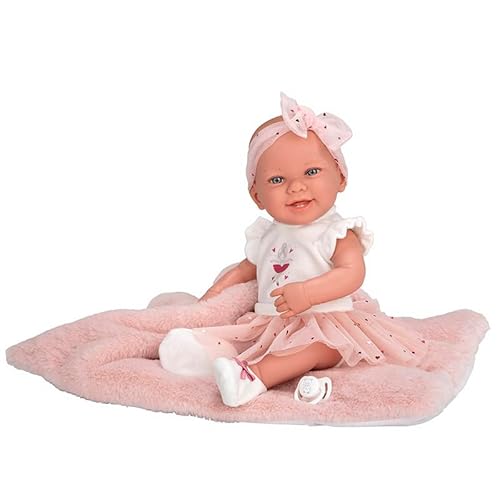 ARIAS ZOE Elegance Puppe aus Vinyl, 42 cm, Ballerina-Kleid in Rosa und Weiß, Bedruckt mit Herzen, inklusive Schnuller und Kissen, Spielzeug für Kinder Aller Altersgruppen (ARI65395) von Arias