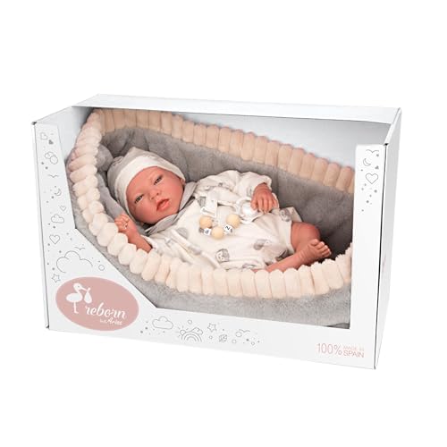 ARIAS - Reborn Erik 40 cm Puppe mit Kleidung und Mütze, in Grauer Babyschale, neugeborenes Baby mit Vinylkörper, Zubehör Windel, Schnuller und Schnuller, Spielzeug für Kinder ab +3 Jahren (ARI98108) von Arias