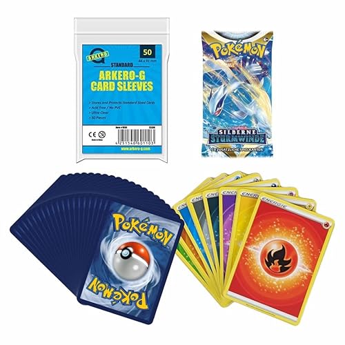 Arkero-G Pokemon Starter Bundle 50 gemischte Karten + 45 Energie Karten + 1 Booster + 50 Kartenhüllen - DEUTSCH - Geschenk-Set für die Sammlung oder das Deck von Arkero-G