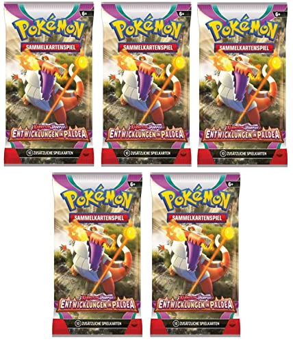 Pokemon 5 Karmesin & Purpur: Entwicklungen in Paldea Booster Sammelkarten | DEUTSCH | Karmesin und Purpur Karten Serie | + Arkero-G 50 Soft Card Sleeves von Arkero-G