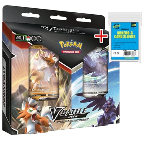 Pokemon V Battle Deck Bundle Lycanroc-V vs. Corviknight-V Sammelkarten | ENGLISCH | spielfertigtes 60 Karten Deck | + Arkero-G 100 Soft Card Sleeves von Arkero-G