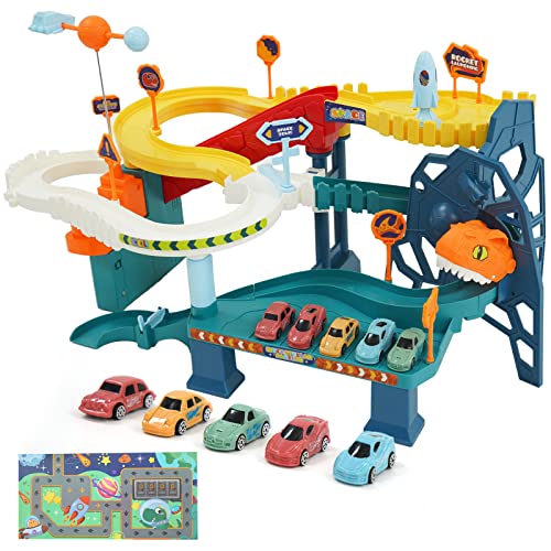 Arkyomi Autorennbahn Rennbahn Auto Spielset,Auto Cars Spielzeug Set mit 5 Mini-Spielzeugautos und 2 Parkplätze,Tracks Rennbahn Racetrack Spielset Montessori Spielzeug ab ab 3 Jahre alt von Arkyomi
