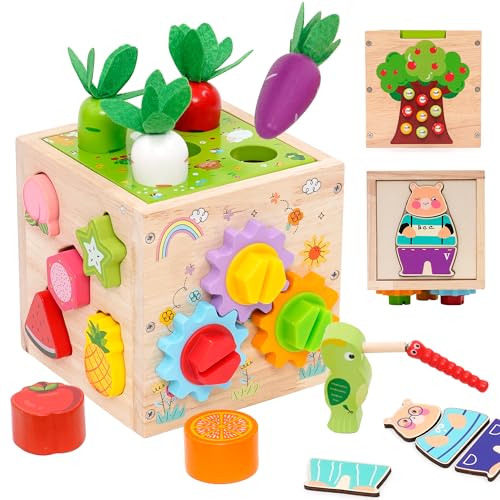 Arkyomi Montessori Spielzeug ab 1 Jahr,Angelspiel karottenspiel 6 in 1 motorikspielzeug motorikwürfel holzspielzeug,Holz lernspielzeug Baby aktivitätswürfel für mädchen Junge von Arkyomi