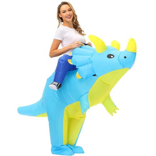 Arokibui Aufblasbares Dinosaurier-Kostüm für Erwachsene, aufblasbares Dino-Kostüm, Cosplay, Party, Weihnachten, Halloween, Kostüm, Uni, Triceratops-Kostüm, blau von Arokibui