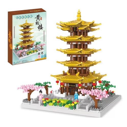 ArrGo Chinesische Architektur, antikes, berühmtes Sammler-Mikro-Bausteinset für Erwachsene, 2200-teiliges Kreativmodell – Gelber Kranichturm mit Kirschblütenbaum von ArrGo