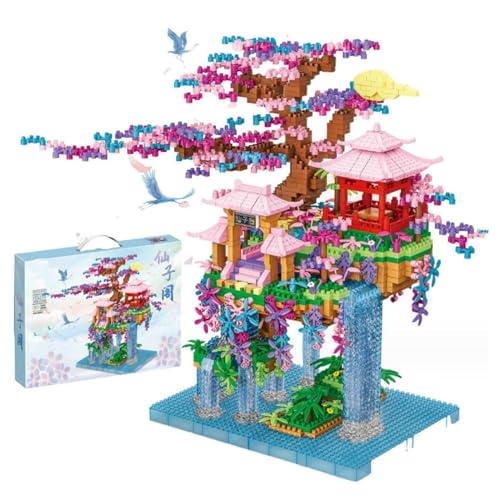 ArrGo Märchenland mit Sakura-Baum Mini-Bausteine Chinesische Architektur Kirsche Bonsai-Baum Baukasten für Erwachsene Jugendliche 6+ (2850Stck.) von ArrGo