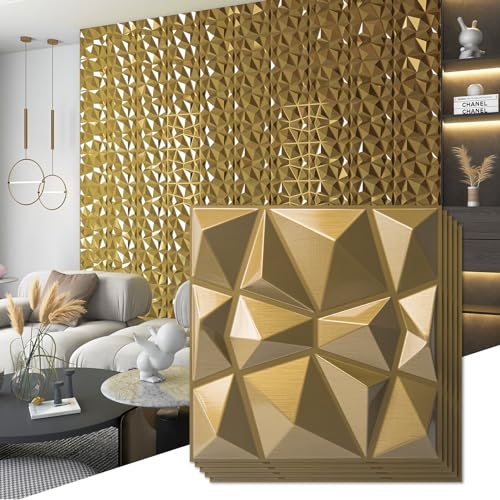 Art3d 3D-Diamant-Design-Panel für Innendekoration, Wohnzimmer, TV-Wandhintergrund, Schlafzimmer, Gaming-Setup, 30 x 30 cm, Gold, 33 Stück von Art3d