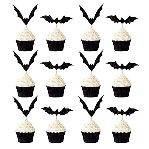 Artczlay 12 x Halloween-Cupcake-Topper mit Fledermaus-Motiv, schwarz, glitzernde Kuchendekoration, Halloween-Party-Dekorationen von Artczlay