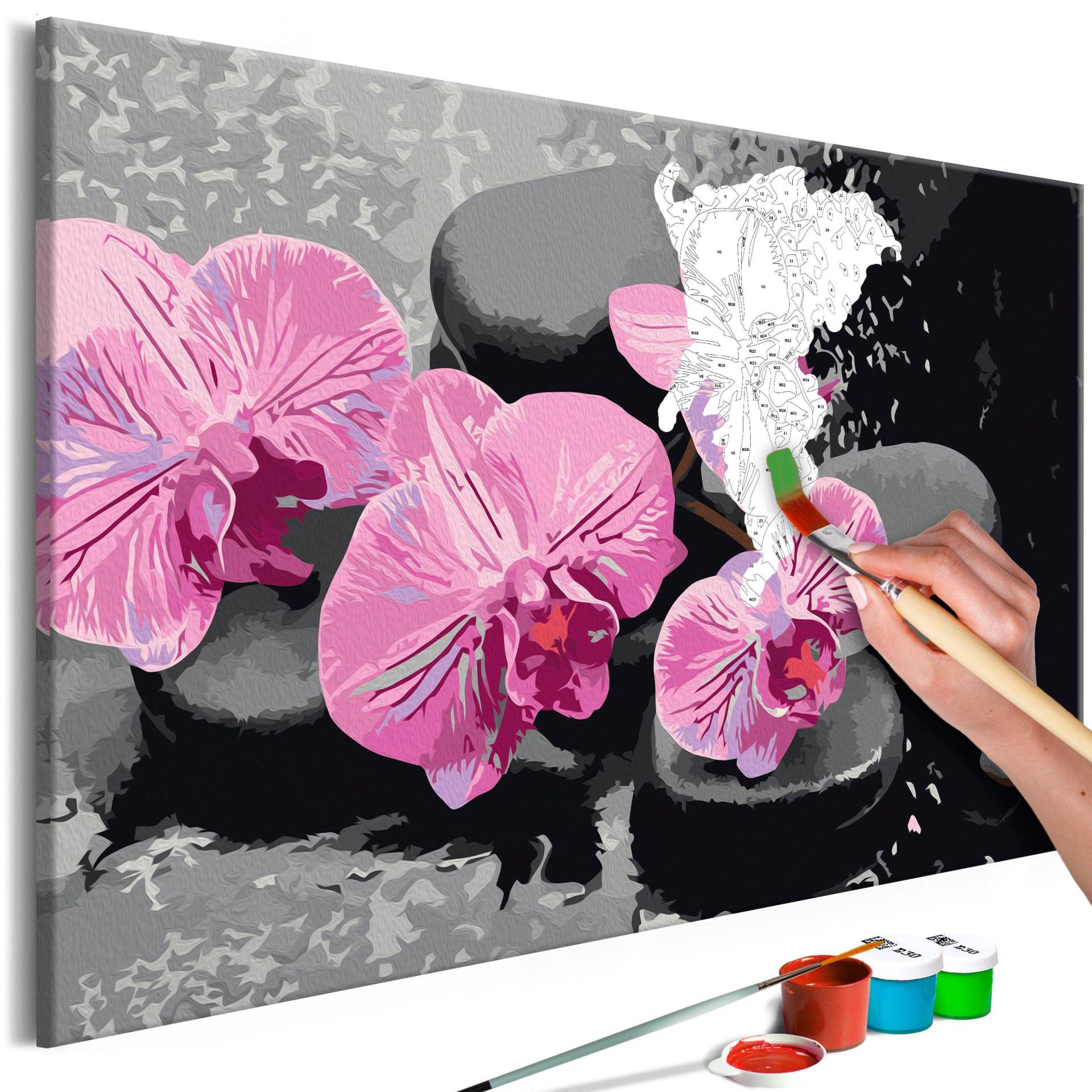 Malen nach Zahlen - Orchidee mit Zen Steinen (schwarzer Hintergrund) von Artgeist