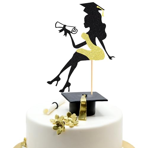 Arthsdite 1 x High Heel Girl Graduation Cake Topper mit Abschluss-Kappe Diplom 2025 Graduation Cake Pick – Gold Glitzer von Arthsdite