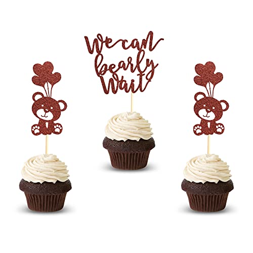 Arthsdite 24 Stück Cupcake-Topper, Ballon, Bär, Cupcake-Picker für Geschlecht offenbaren, Babyparty, Kindergeburtstag, Party, Kuchendekorationen, Zubehör – Brauner Glitzer von Arthsdite