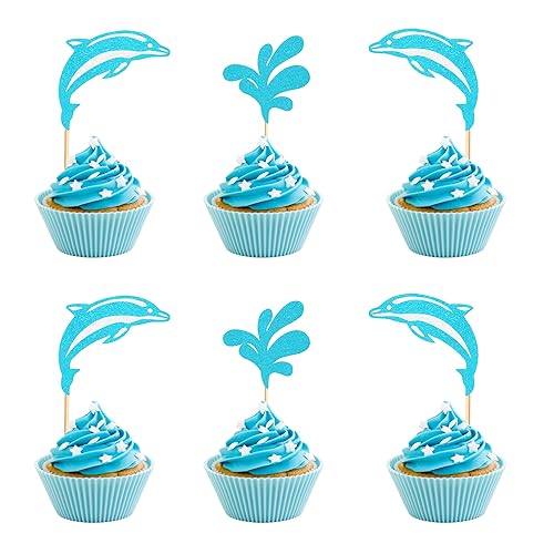 Arthsdite 24 Stück Delfin-Cupcake-Topper unter dem Meer Thema Cupcake Picks Ozean Tier Baby Shower Kinder Geburtstag Party Kuchen Dekorationen Supplies – Blau Glitzer von Arthsdite