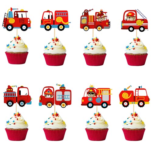 Arthsdite 24 Stück Feuerwehrwagen Cupcake Topper Bär Feuerwehrmann Feuerwehrauto Geburtstag Dekorationen Feuerwehrmann Geburtstag Party Dekorationen von Arthsdite