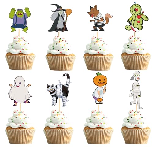 Arthsdite 24 Stück Halloween Cupcake Toppers Geist Katze Hexe Cupcake Picks Halloween Kürbis Blut Messer Horror Kuchen Dekorationen von Arthsdite