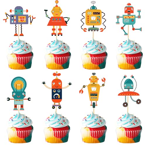 Arthsdite 24 Stück Roboter Cupcake Toppers Roboter Kuchen Dekorationen für Roboter Geburtstag Party Dekorationen Geburtstag für Jungen Gear Roboter Baby Shower Supplies von Arthsdite