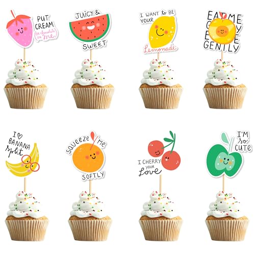 Arthsdite 24 Stück Tutti fruchtige Früchte Cupcake Toppers – Tropische Sommer Kinder Happy Birthday Kuchendekorationen – Wassermelone, Zitrone, Erdbeere, Kirsche, Kuchendekorationen für Babyparty von Arthsdite