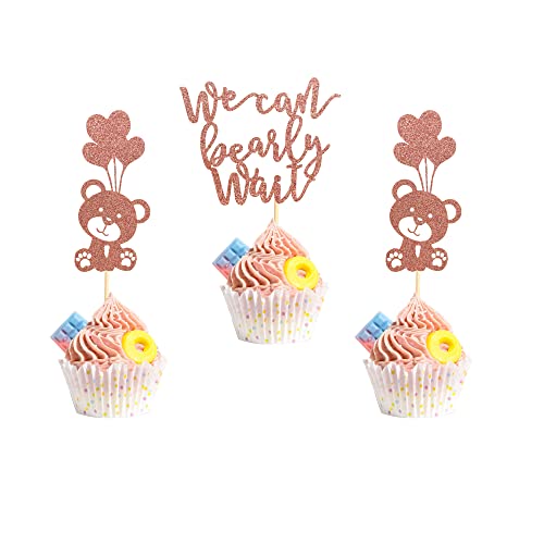 Arthsdite 24 Stück We Can Bearly Wait Cupcake-Topper, Ballon, Bär, Cupcake-Picker für Geschlecht offenbaren, Babyparty, Kindergeburtstag, Party, Kuchendekorationen, Zubehör – Roségold-Glitzer von Arthsdite