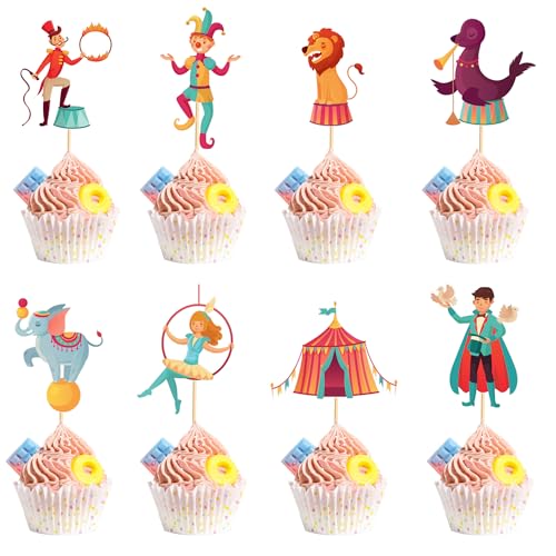 Arthsdite 24 Stück Zirkus-Cupcake-Topper, Karneval & Zirkus, Party-Dekorationen – perfekt für Cupcakes, Kuchen und Babypartys, Geburtstagsparty-Zubehör von Arthsdite