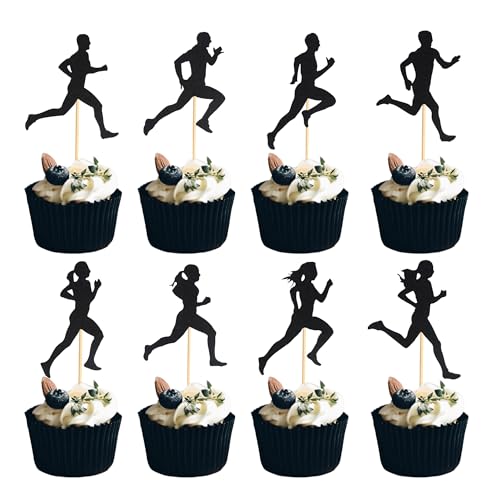 Arthsdite 24 Stück laufende Cupcake-Topper, Sport, Fitness, Cupcake-Picks für Laufthema, Jungen, Mädchen, Geburtstagsparty, Kuchendekorationen, Zubehör – schwarzer Glitzer von Arthsdite