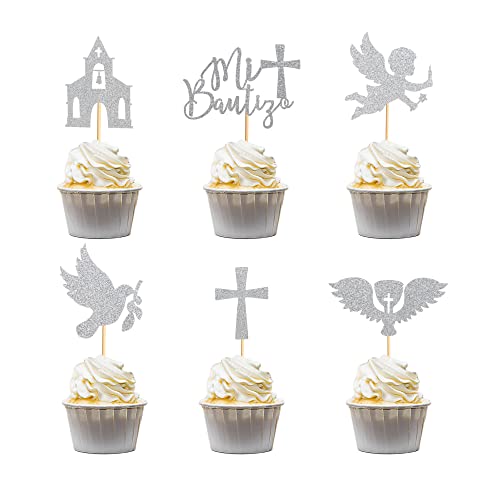 Arthsdite 24 Stück spanische Mi Bautizo Cupcake-Topper mit Kreuz, Engel, Taube, Kirche, Gral, Taufe, Cupcake-Picker für religiöse Gottessegen-Thema, Babyparty, Geburtstagsparty-Zubehör – Silber Arthsdite 24 Stück spanische Mi Bautizo Cupcake-Topper mit Kreuz, Engel, Taube, Kirche, Gral, Taufe, Cupcake-Picker für religiöse Gottessegen-Thema, Babyparty, Geburtstagsparty-Zubehör – Silber von Arthsdite